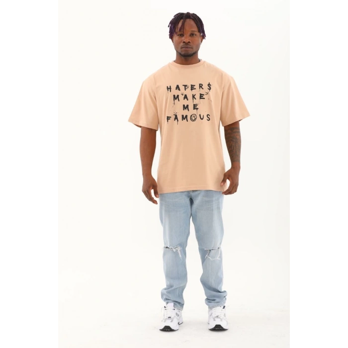 Unisex Oversize Baskılı Bisiklet Yaka T-Shirt - Bej