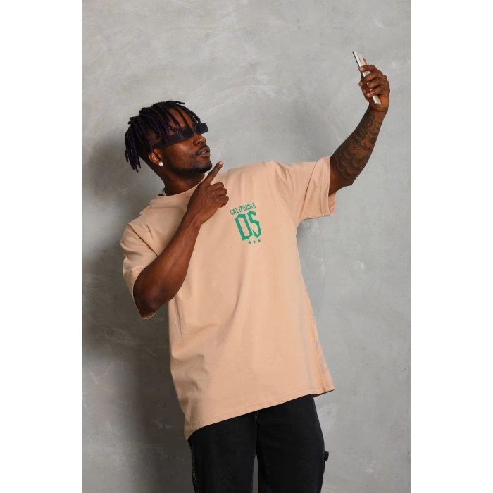 Unisex Oversize Baskılı Bisiklet Yaka T-Shirt - Bej