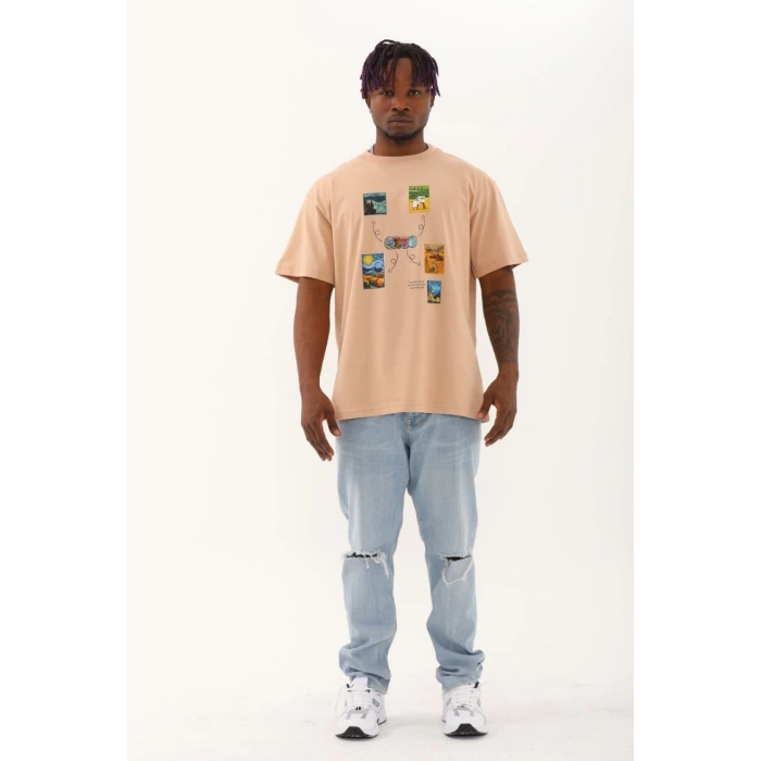 Unisex Oversize Baskılı Bisiklet Yaka T-Shirt - Bej
