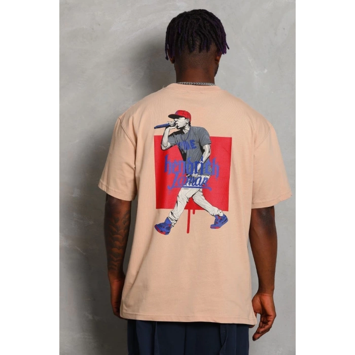 Unisex Oversize Baskılı Bisiklet Yaka T-Shirt - Bej