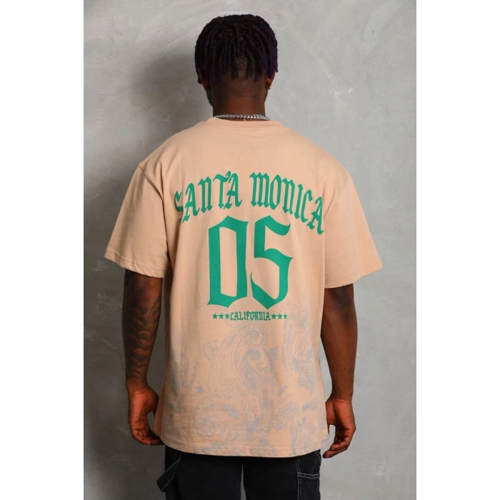 Unisex Oversize Baskılı Bisiklet Yaka T-Shirt - Bej