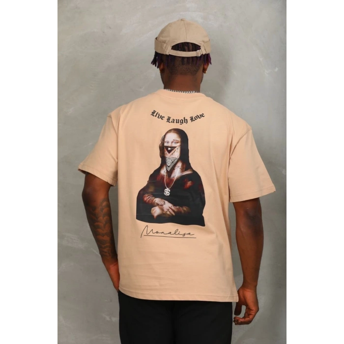 Unisex Oversize Baskılı Bisiklet Yaka T-Shirt - Bej