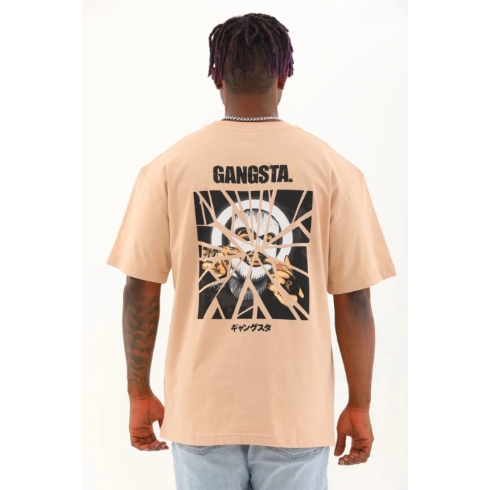 Unisex Oversize Baskılı Bisiklet Yaka T-Shirt - Bej