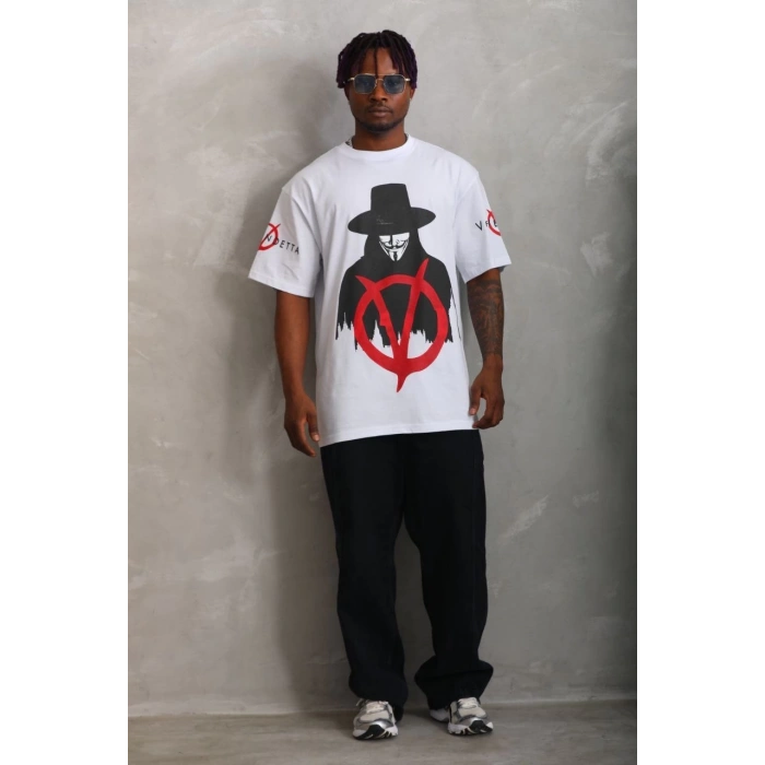 Unisex Oversize Baskılı Bisiklet Yaka T-Shirt - Beyaz