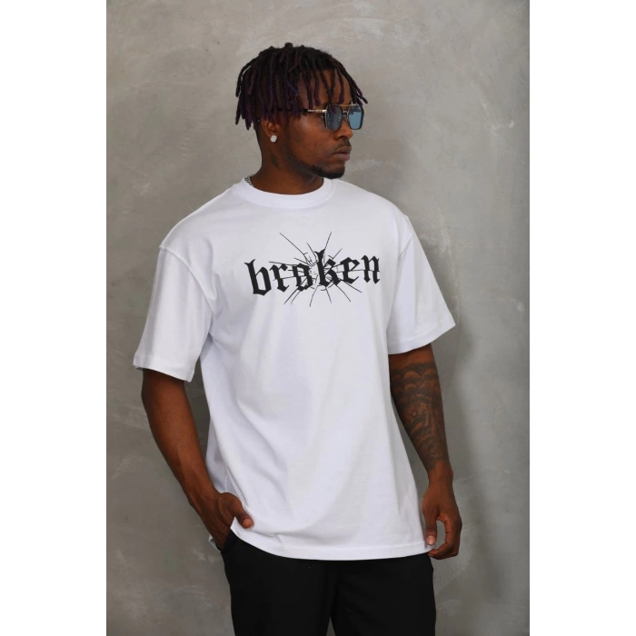 Unisex Oversize Baskılı Bisiklet Yaka T-Shirt - Beyaz