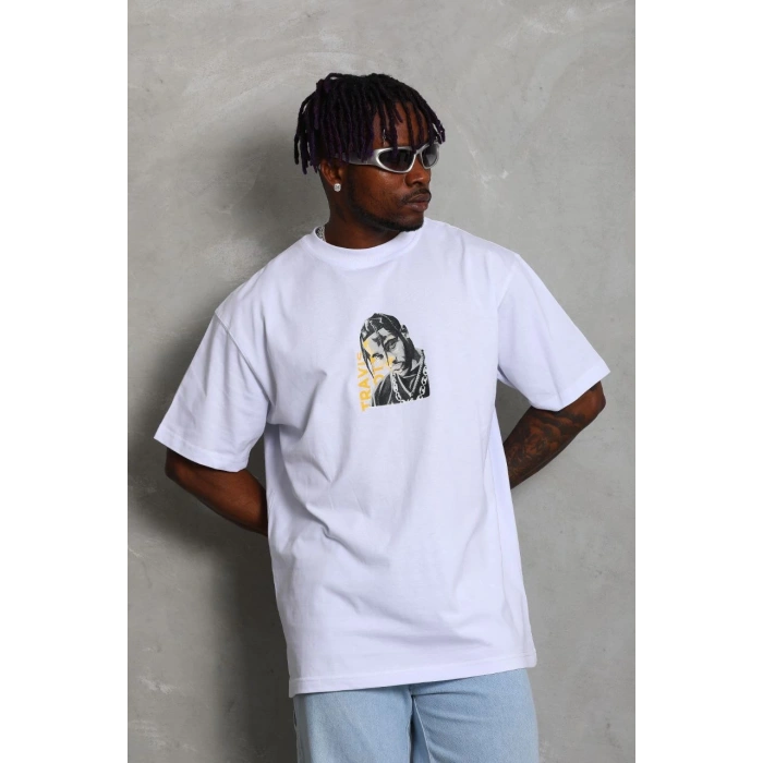 Unisex Oversize Baskılı Bisiklet Yaka T-Shirt - Beyaz