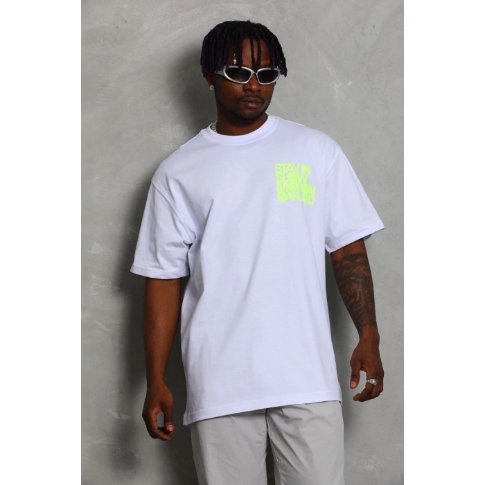 Unisex Oversize Baskılı Bisiklet Yaka T-Shirt - Beyaz