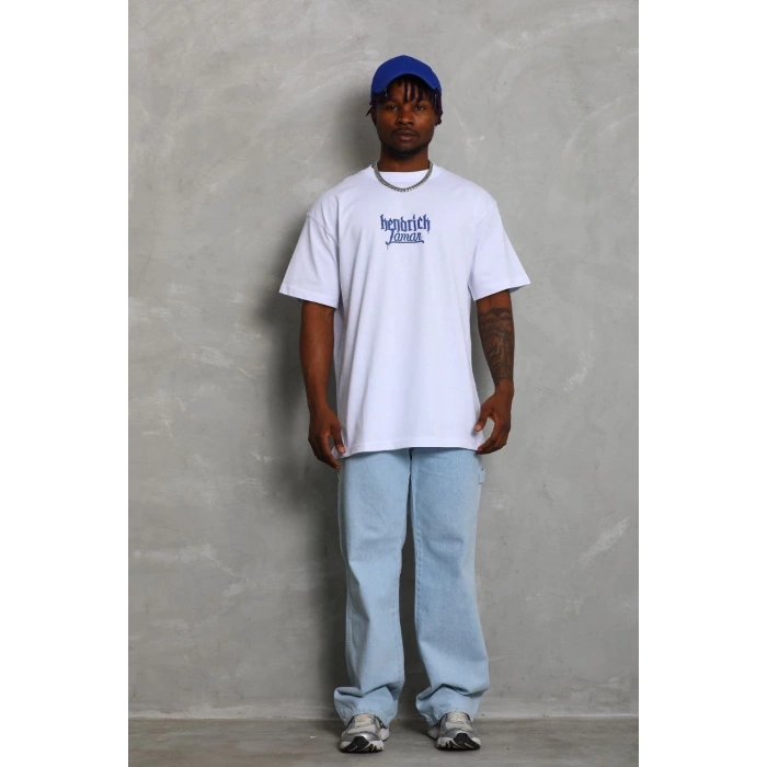 Unisex Oversize Baskılı Bisiklet Yaka T-Shirt - Beyaz