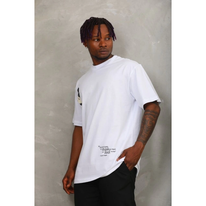 Unisex Oversize Baskılı Bisiklet Yaka T-Shirt - Beyaz