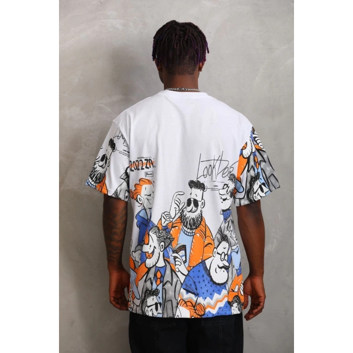 Unisex Oversize Baskılı Bisiklet Yaka T-Shirt - Beyaz