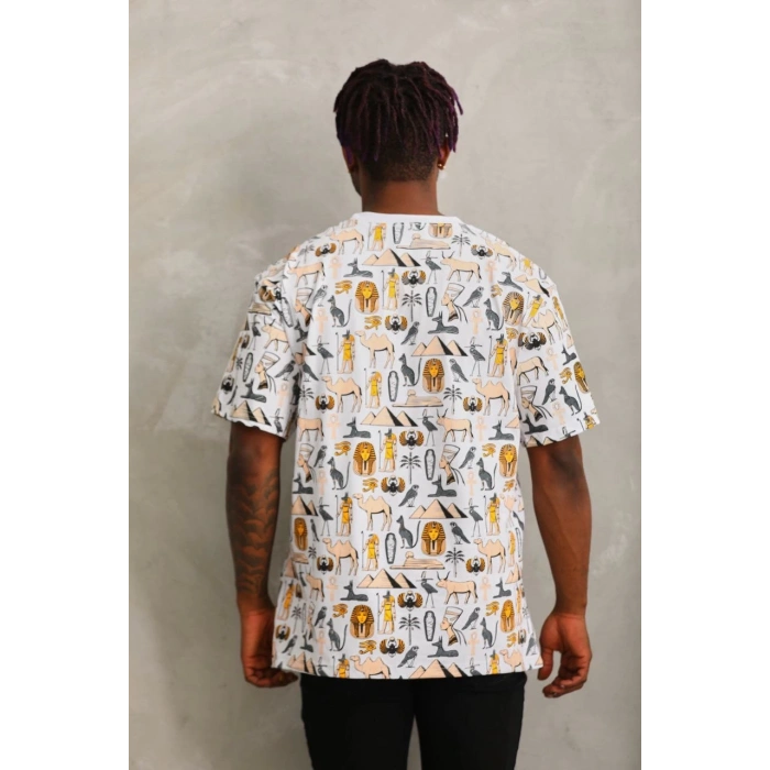 Unisex Oversize Baskılı Bisiklet Yaka T-Shirt - Beyaz