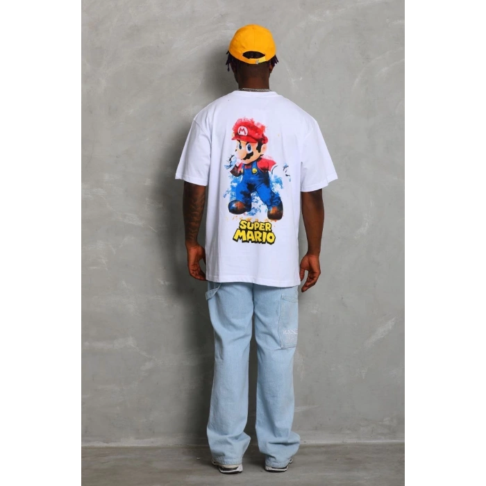 Unisex Oversize Baskılı Bisiklet Yaka T-Shirt - Beyaz