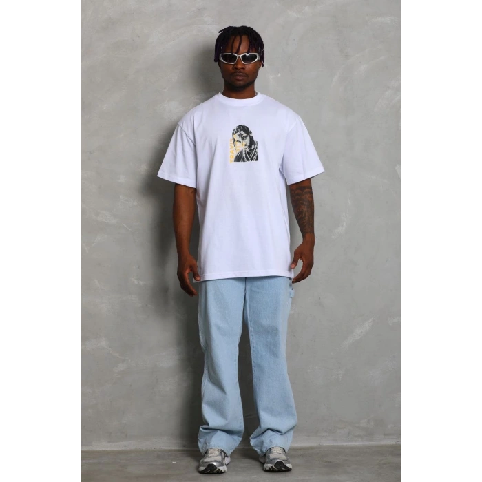 Unisex Oversize Baskılı Bisiklet Yaka T-Shirt - Beyaz