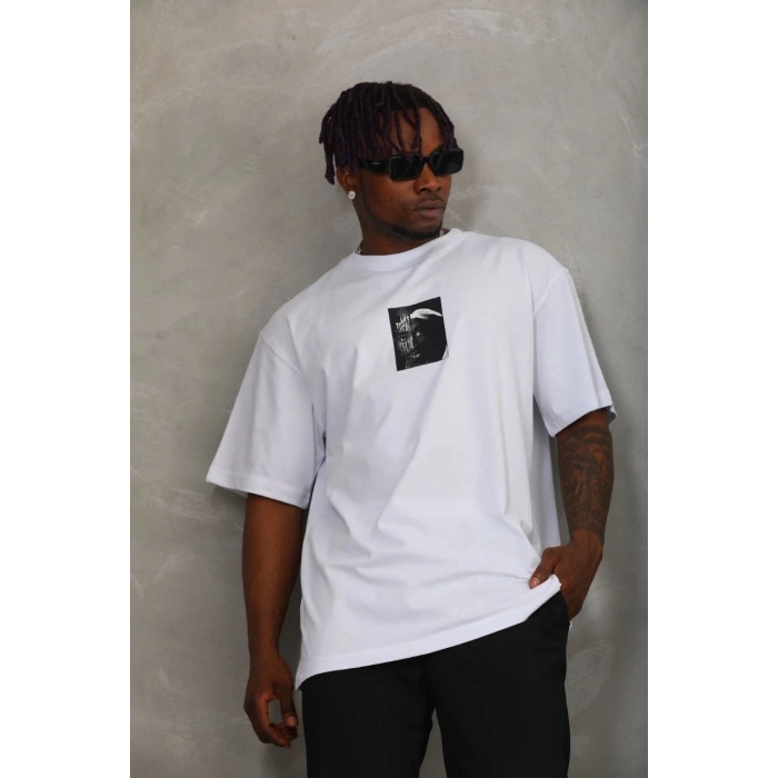 Unisex Oversize Baskılı Bisiklet Yaka T-Shirt - Beyaz