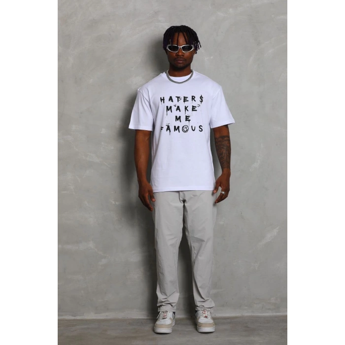 Unisex Oversize Baskılı Bisiklet Yaka T-Shirt - Beyaz