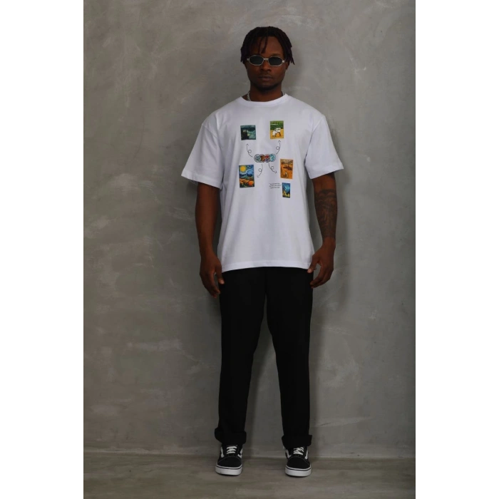 Unisex Oversize Baskılı Bisiklet Yaka T-Shirt - Beyaz