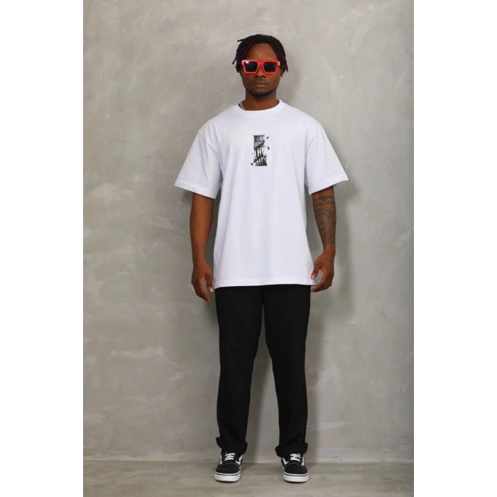Unisex Oversize Baskılı Bisiklet Yaka T-Shirt - Beyaz