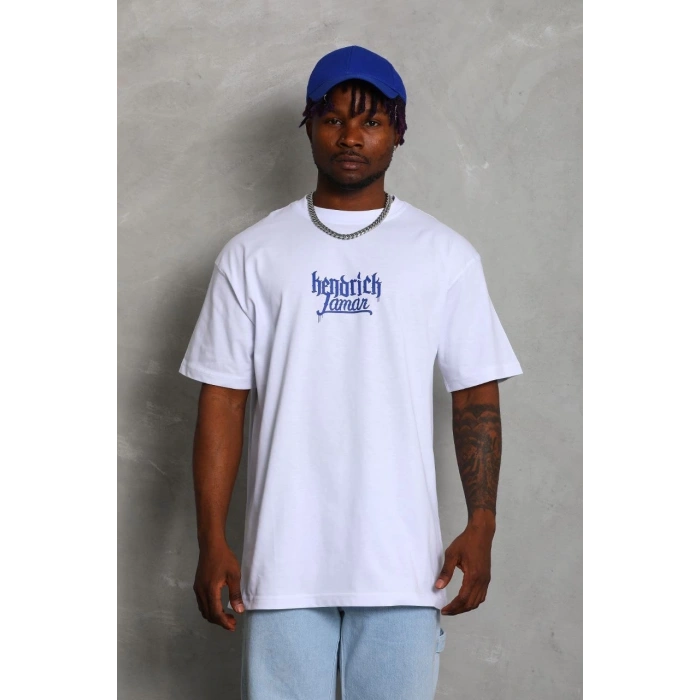 Unisex Oversize Baskılı Bisiklet Yaka T-Shirt - Beyaz