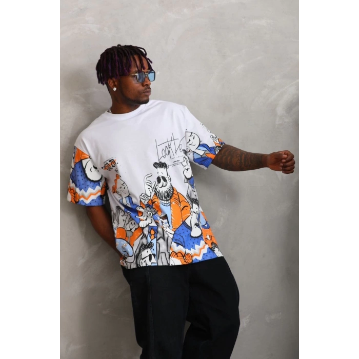 Unisex Oversize Baskılı Bisiklet Yaka T-Shirt - Beyaz
