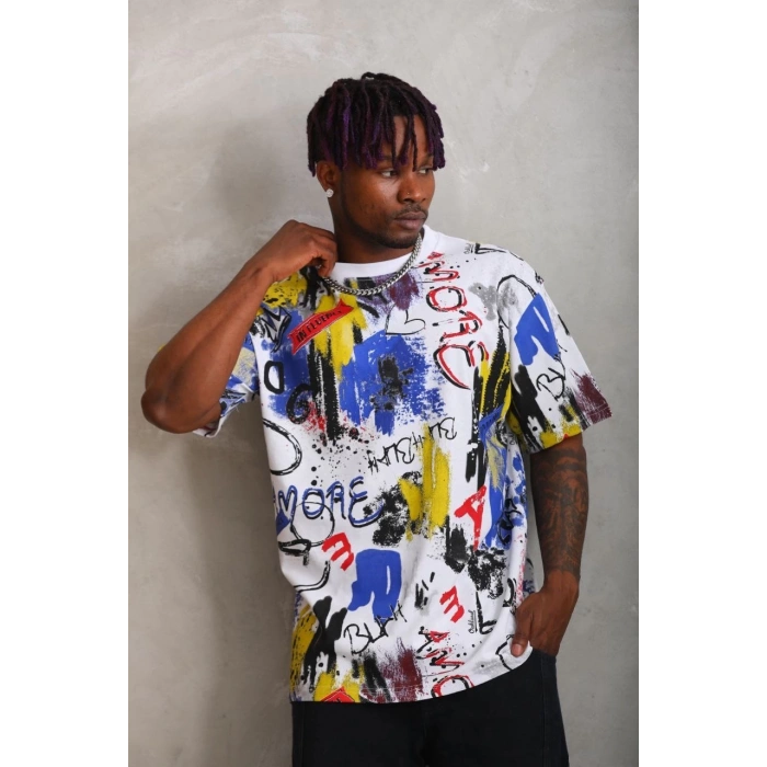 Unisex Oversize Baskılı Bisiklet Yaka T-Shirt - Beyaz