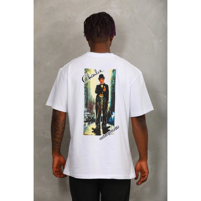 Unisex Oversize Baskılı Bisiklet Yaka T-Shirt - Beyaz