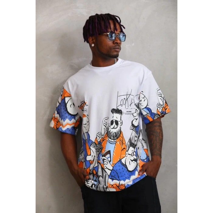 Unisex Oversize Baskılı Bisiklet Yaka T-Shirt - Beyaz