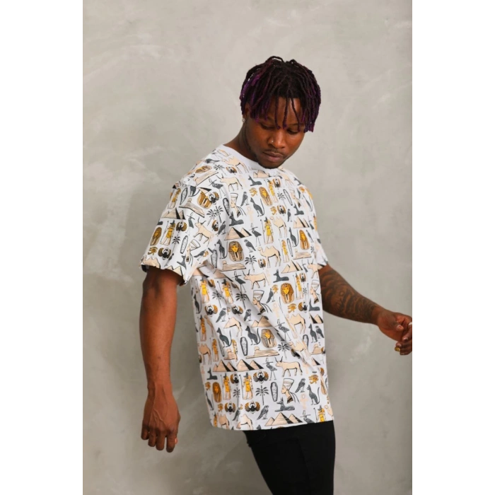 Unisex Oversize Baskılı Bisiklet Yaka T-Shirt - Beyaz