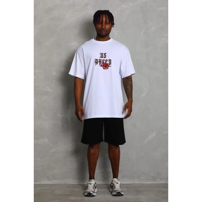 Unisex Oversize Baskılı Bisiklet Yaka T-Shirt - Beyaz