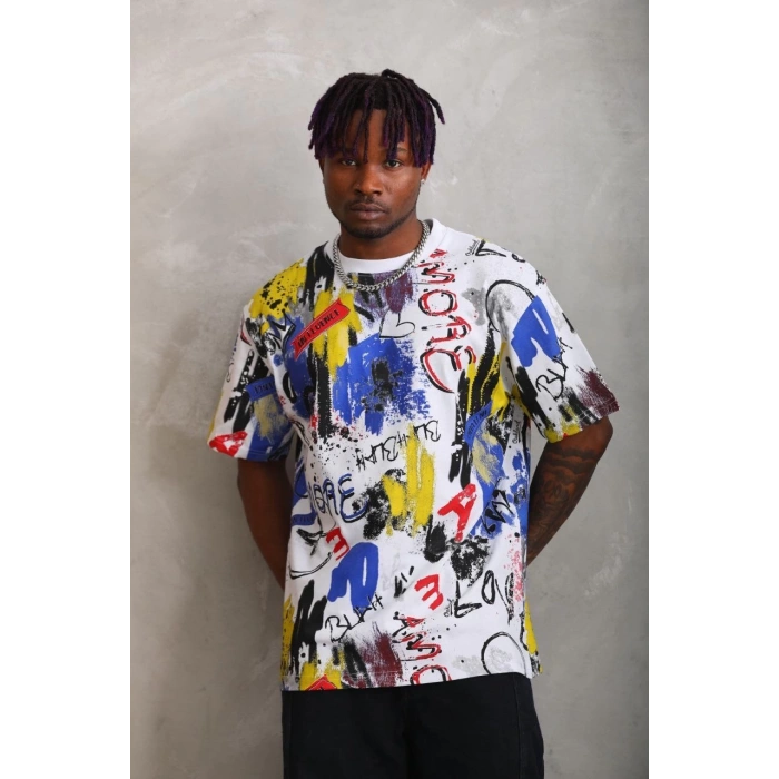 Unisex Oversize Baskılı Bisiklet Yaka T-Shirt - Beyaz