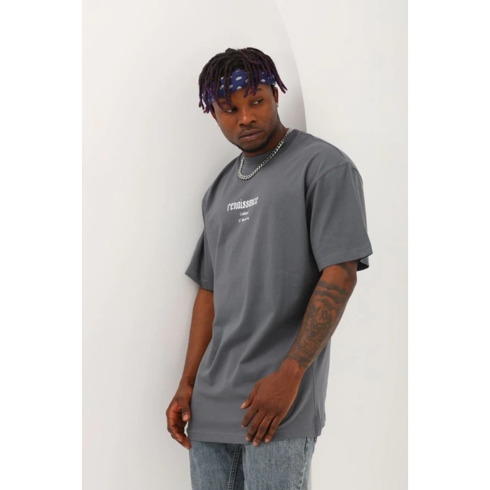 Unisex Oversize Baskılı Bisiklet Yaka T-Shirt - Füme