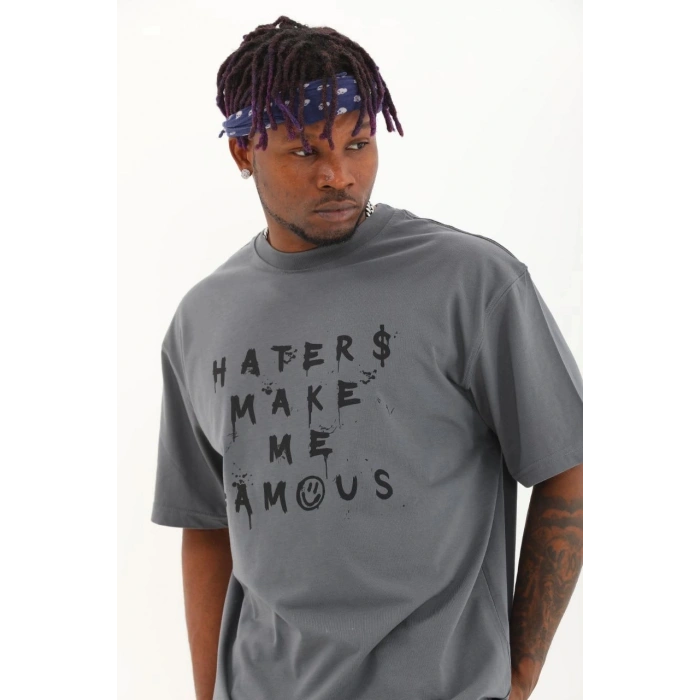 Unisex Oversize Baskılı Bisiklet Yaka T-Shirt - Füme