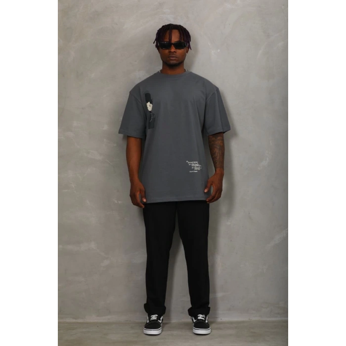 Unisex Oversize Baskılı Bisiklet Yaka T-Shirt - Füme