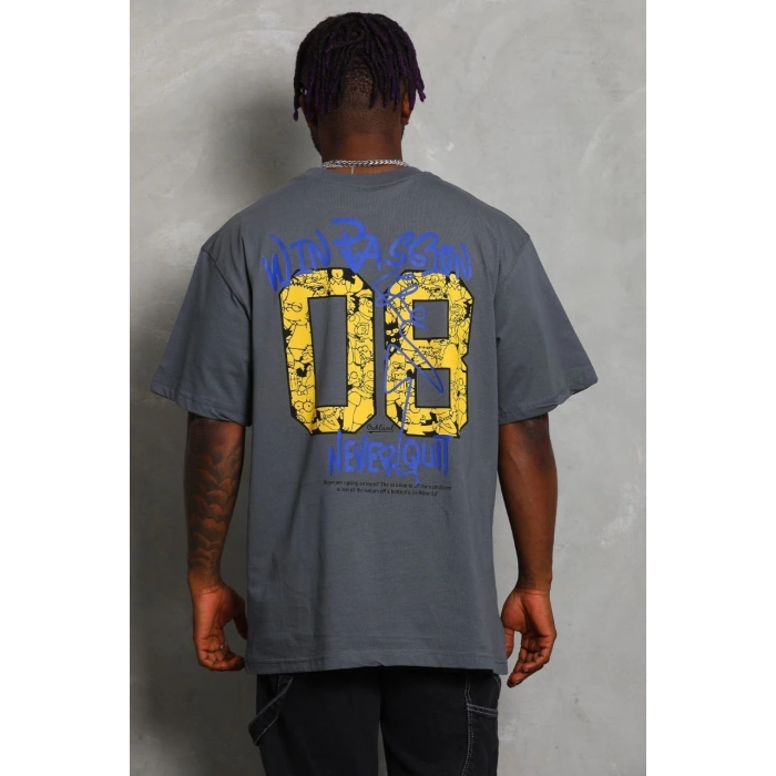 Unisex Oversize Baskılı Bisiklet Yaka T-Shirt - Füme