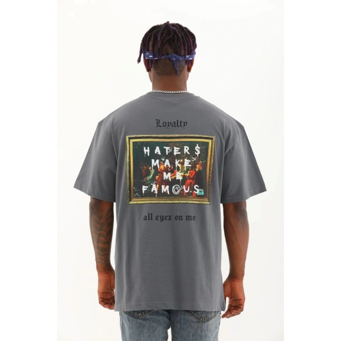 Unisex Oversize Baskılı Bisiklet Yaka T-Shirt - Füme