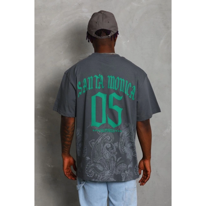 Unisex Oversize Baskılı Bisiklet Yaka T-Shirt - Füme