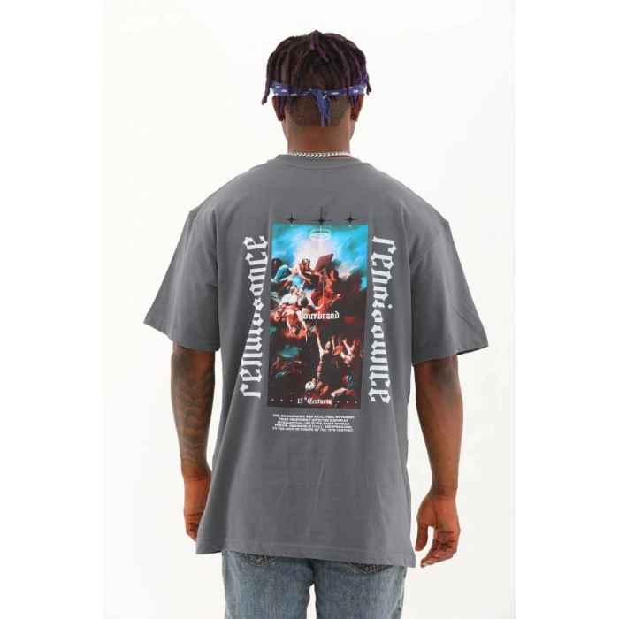 Unisex Oversize Baskılı Bisiklet Yaka T-Shirt - Füme