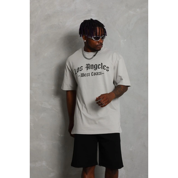 Unisex Oversize Baskılı Bisiklet Yaka T-Shirt - Gri