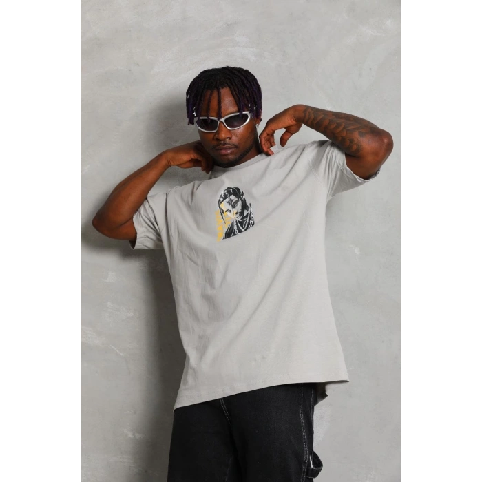 Unisex Oversize Baskılı Bisiklet Yaka T-Shirt - Gri