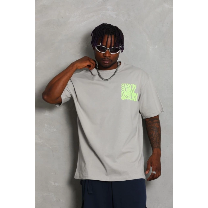 Unisex Oversize Baskılı Bisiklet Yaka T-Shirt - Gri