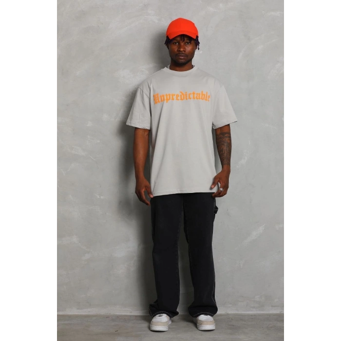 Unisex Oversize Baskılı Bisiklet Yaka T-Shirt - Gri