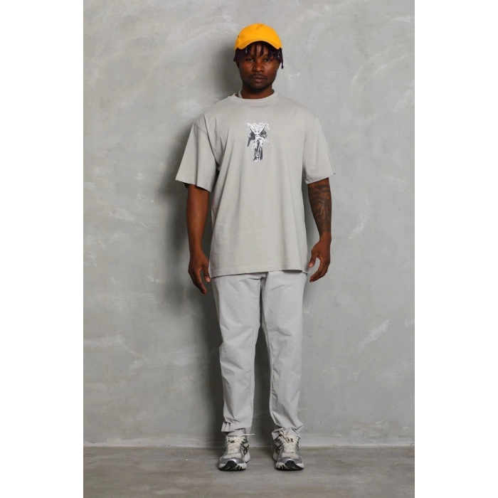 Unisex Oversize Baskılı Bisiklet Yaka T-Shirt - Gri