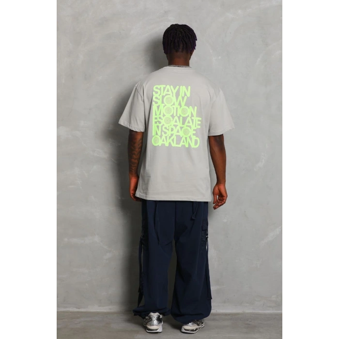 Unisex Oversize Baskılı Bisiklet Yaka T-Shirt - Gri