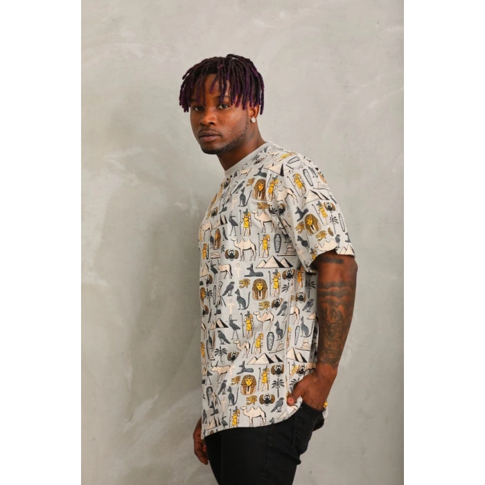 Unisex Oversize Baskılı Bisiklet Yaka T-Shirt - Gri