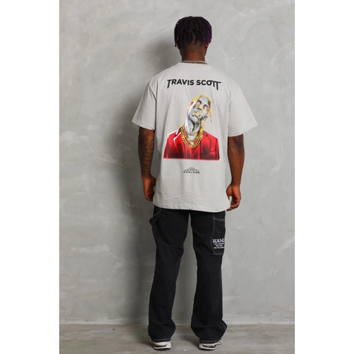 Unisex Oversize Baskılı Bisiklet Yaka T-Shirt - Gri