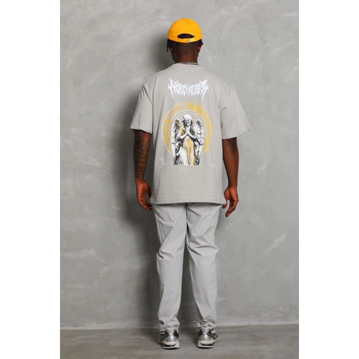 Unisex Oversize Baskılı Bisiklet Yaka T-Shirt - Gri