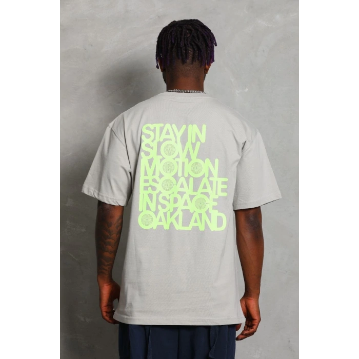 Unisex Oversize Baskılı Bisiklet Yaka T-Shirt - Gri