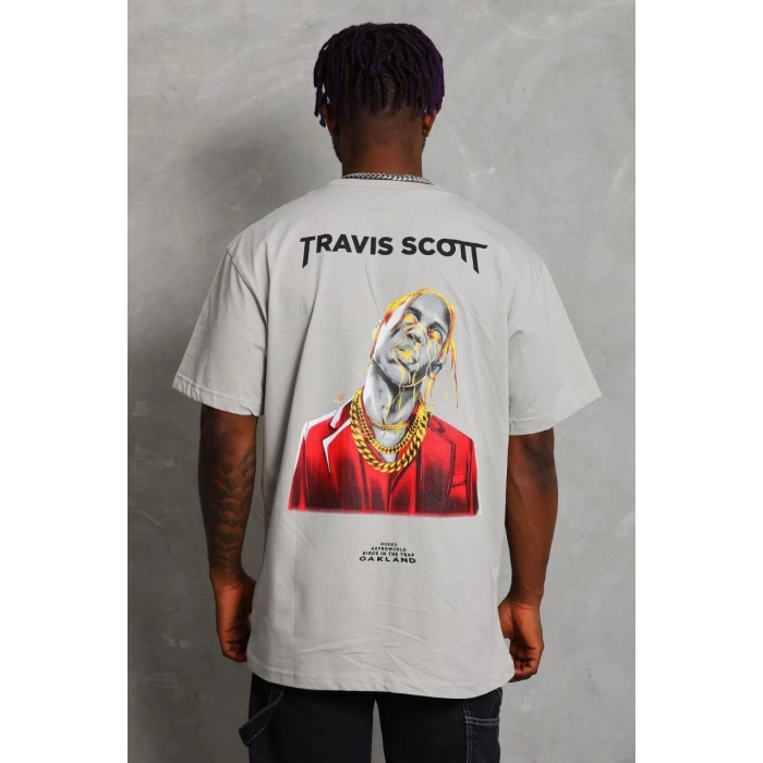 Unisex Oversize Baskılı Bisiklet Yaka T-Shirt - Gri