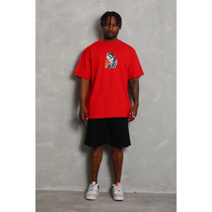 Unisex Oversize Baskılı Bisiklet Yaka T-Shirt - Kırmızı