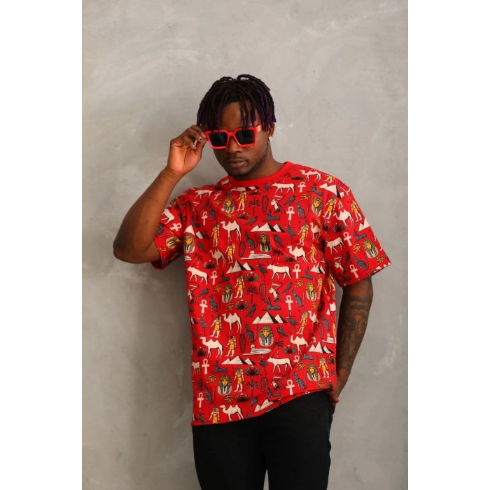 Unisex Oversize Baskılı Bisiklet Yaka T-Shirt - Kırmızı