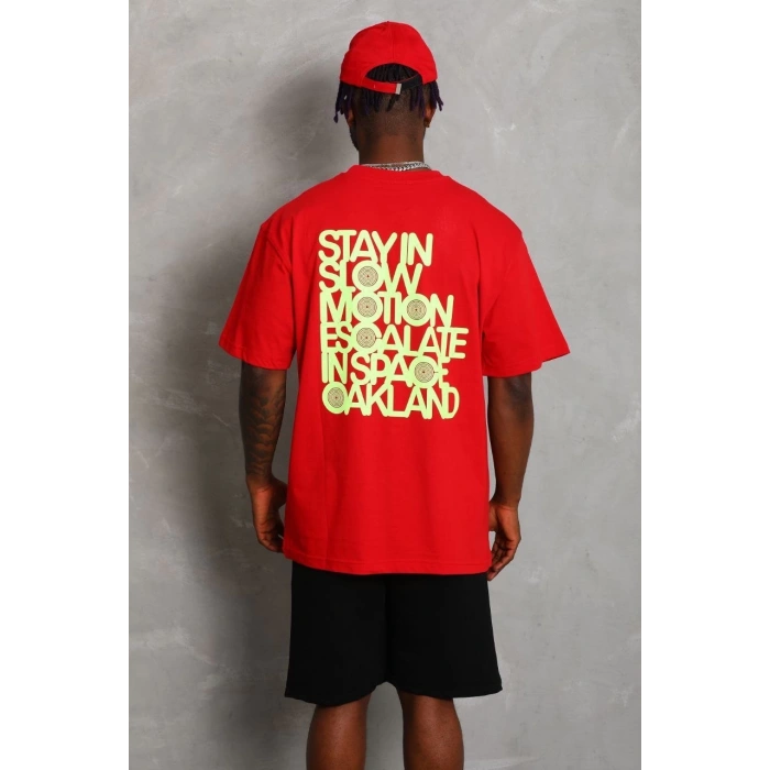 Unisex Oversize Baskılı Bisiklet Yaka T-Shirt - Kırmızı